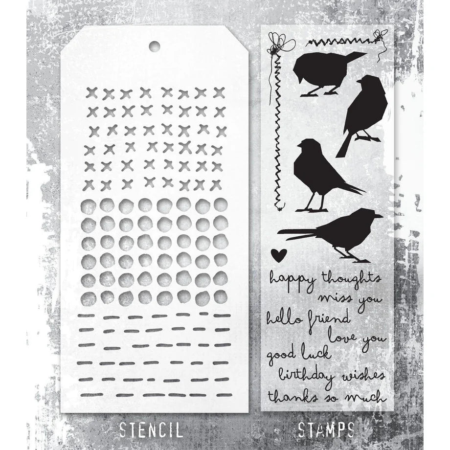 Stampers Anonymous - Tim Holtz -  Silhouette Birds Clear Stamps with Stitches, Dotted and Dashes Stencils (THMM182)