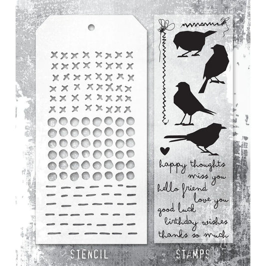 Stampers Anonymous - Tim Holtz -  Silhouette Birds Clear Stamps with Stitches, Dotted and Dashes Stencils (THMM182)