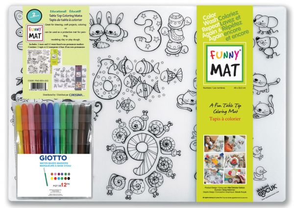 Funny Mat® - Numbers and Alphabet Reusable Table Top Reusable Coloring Mats with Giotto Markers