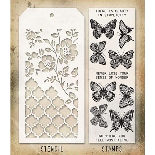 Stampers Anonymous - Tim Holtz - Flutter Stamps with Floral and Trellis Stencil (THMM144)