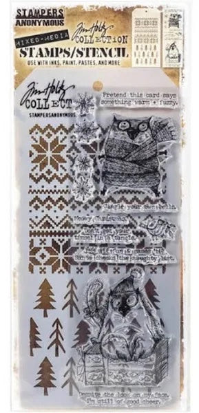 Stampers Anonymous - Tim Holtz - Snarky Cat Christmas Stamps with Holiday Knit and Pines Stencil (THMM134)