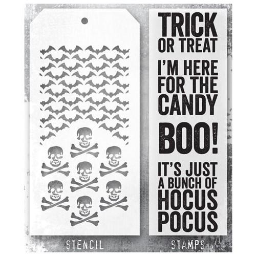 Tim Holtz - Bold Frights, Crossbones, and Batground Clear Stamps and Stencil