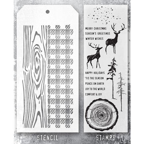 Stampers Anonymous - Tim Holtz Great Outdoors Clear Stamps with Woodgrain and Gingham Stencil (THMM157)