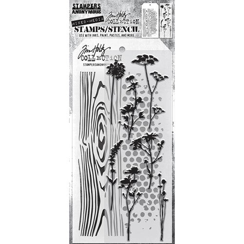 Stampers Anonymous - Tim Holtz - Wildflower Silhouettes Stamps with Woodgrain and Dot Fade Stencil (THMM159)